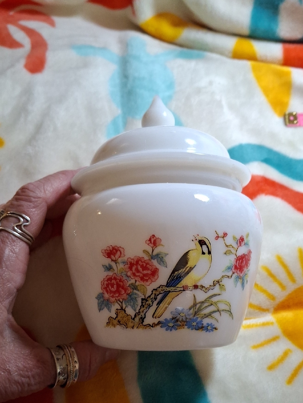 Avon White Milk Glass Trinket Jar with Yellow Bird and Red Floral Motif